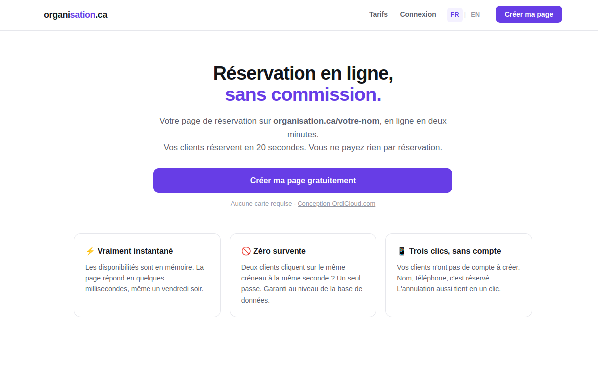 1. organisation.ca Page de réservation en ligne sans commission